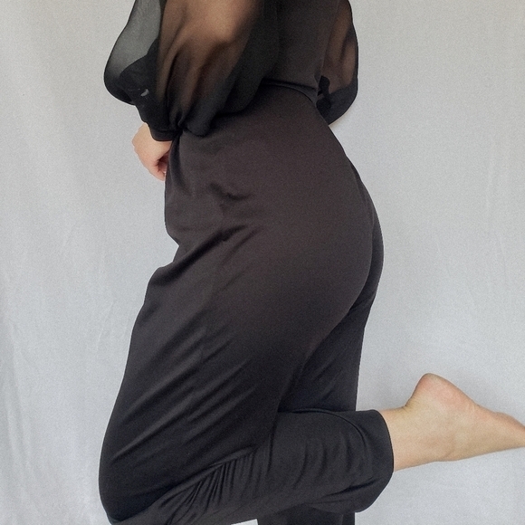 Vintage jumpsuit sheer sleeves turtleneck 80s zipper straight leg balloon sleeve - Picture 6 of 8